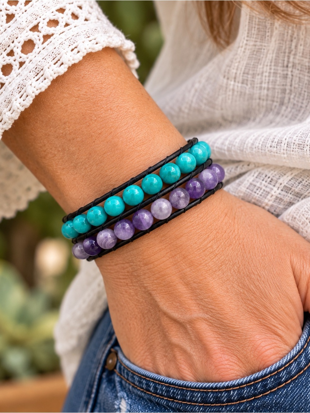 Hand Crafted Turquoise & Amethyst Bead Wrap Bracelet with Adjustable Closure